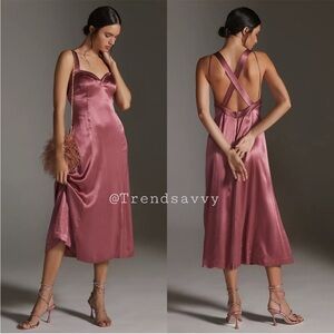 Anthropologie Satin Slip Midi Dress Mauve Pink Cross Back Wedding Guest